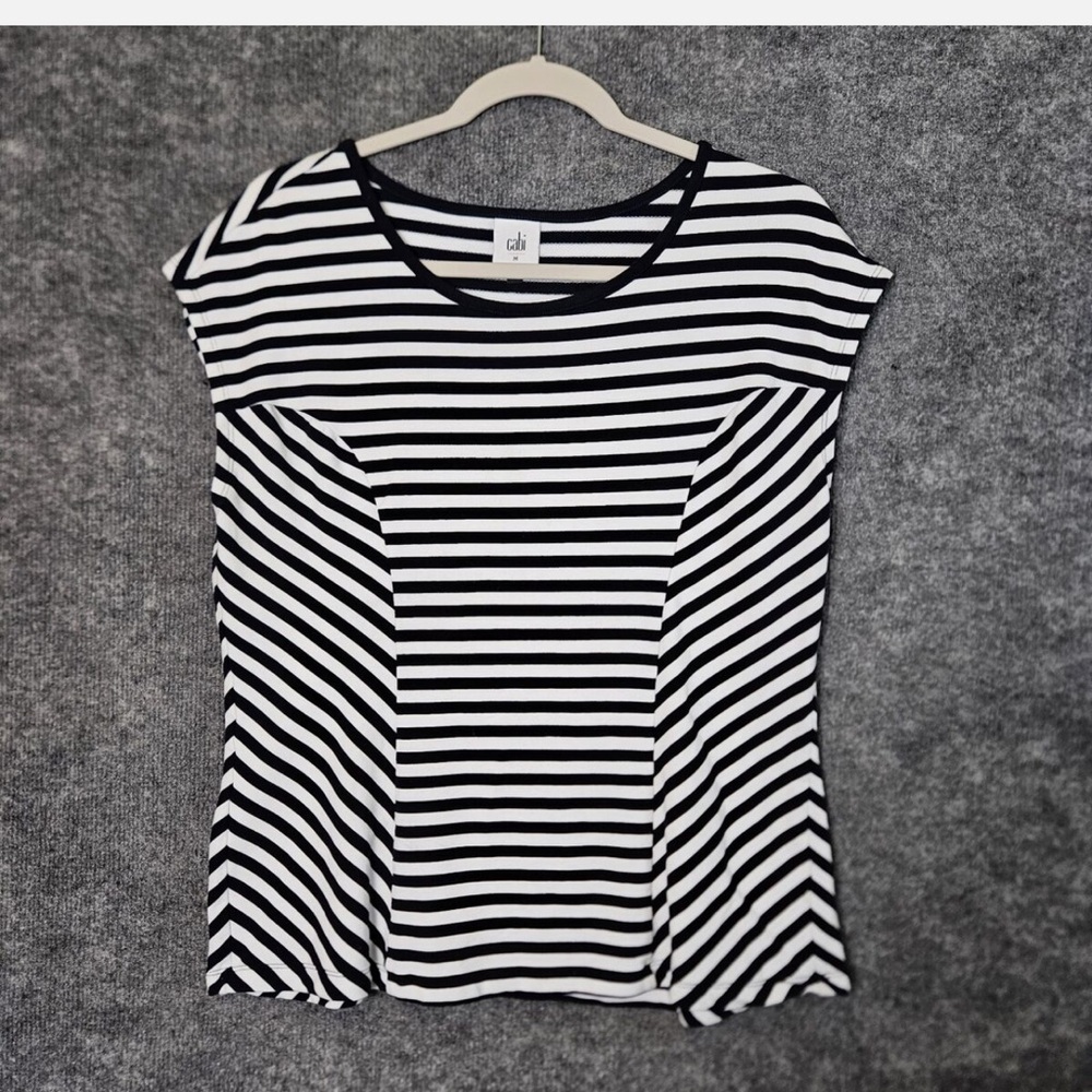 CAbi Black and White Striped Cap-Sleeve Top